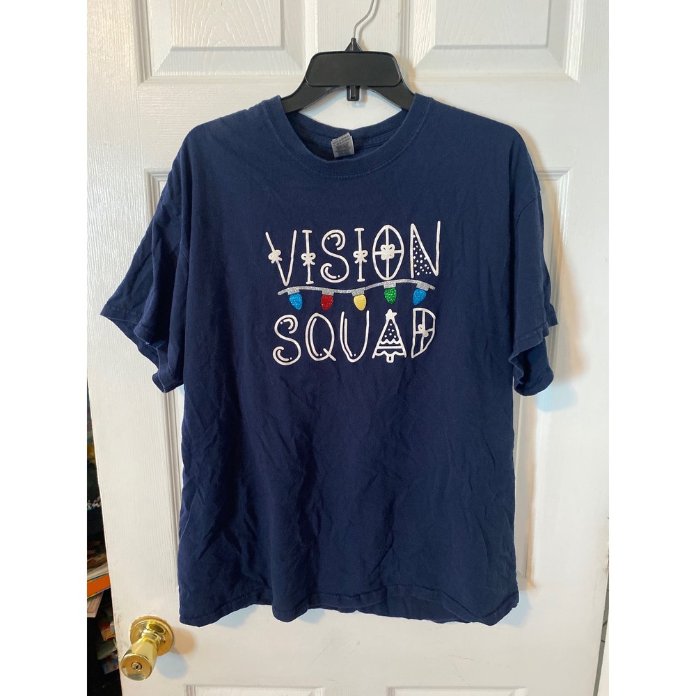 Gildan Heavy Cotton Vision Squad Navy Blue Christmas Graphic Tee Shirt XL